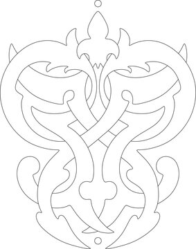 Technical decorative drawing showing vertical ornamental panel with symmetrical interlacing scrolls, pointed motifs and intricate curvilinear design.