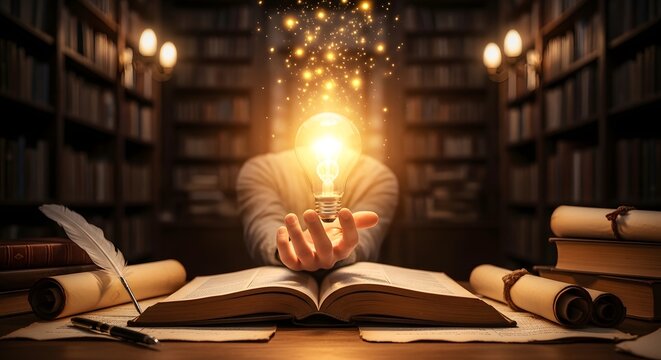 Glowing light bulb held in hand above an open book with scrolls and a feather pen on a wooden desk in a dark library room
