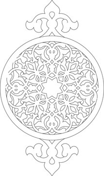 Technical decorative drawing showing a vertical ornamental panel with a central circular medallion featuring intricate geometric and arabesque patterns.
