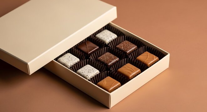 An open beige box displays a dozen square chocolates with varied textures and colors
