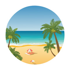 Obraz premium Beach scene illustration featuring palm trees ocean sand and umbrella on a sunny day