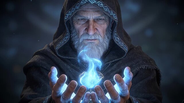 Mystical mage portrait, Enigmatic wizard displaying radiant mystical sphere