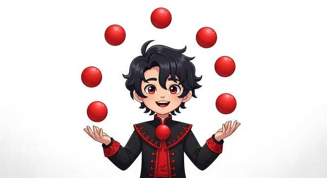 Cartoon boy with dark hair and red eyes juggles red balls against a white background