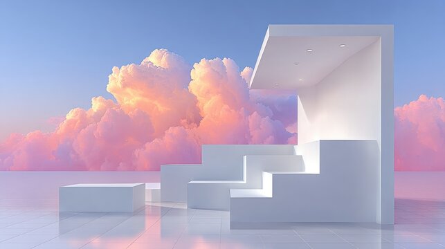 Floating white geometric platforms, zero gravity concept, product display, clean cloud-like background, soft pastel lighting 