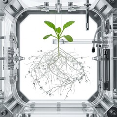 Obraz premium Green Plant Growing in a Hydroponic System with Visible Roots and Water Droplets, 3D Render