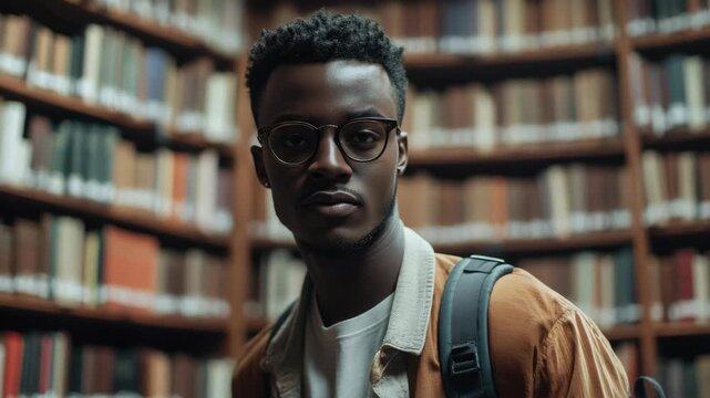 Man wearing glasses with a backpack, standing in a library filled with books.