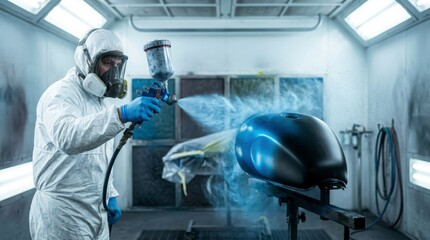 Fototapeta premium Auto Painter in Protective Gear Sprays Blue Motorcycle Part in Paint Booth