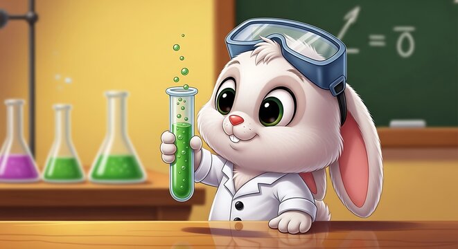 Cute cartoon rabbit in lab coat.