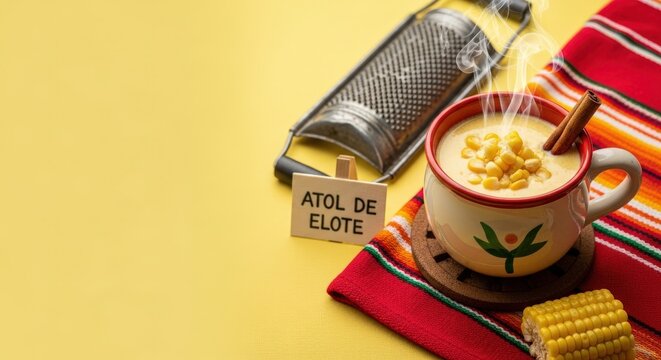 J&iacute;cara Cup of Atol de Elote with Cinnamon and Steam on Huipil Fabric with Left Soft Yellow Negative Space