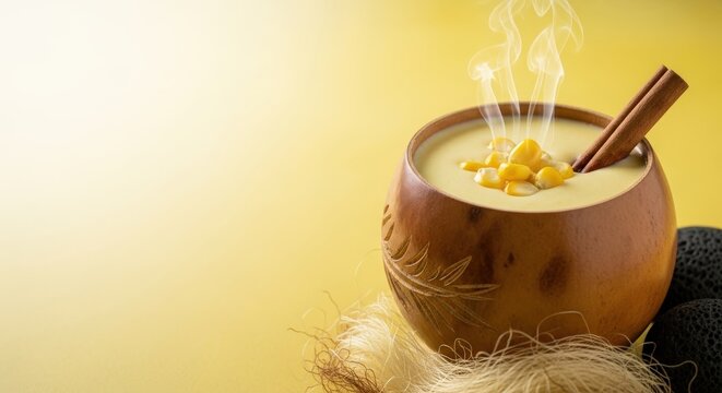 J&iacute;cara Cup of Atol de Elote with Cinnamon and Steam with Left Soft Yellow Negative Space, Corn Silk, and Volcanic Stone