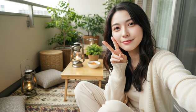 バルコニーでスナックを前にピースサインをする女性