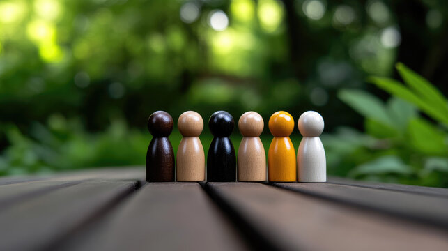 Diverse wooden peg figures lined up to represent multicultural teamwork, inclusion, equality and community in workplace and society, symbolizing cooperation and shared values