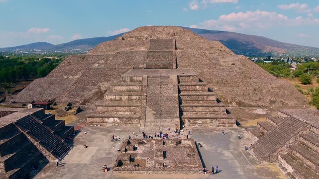 Close aerial drone shot of Pyramid of the Moon stone steps and terraces at Teotihuacan, Mexico