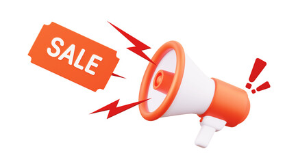 Naklejka premium 3D megaphone with sale tag icon in glossy minimal style isolated png for discount promotion, special offer announcement and marketing campaign concept
