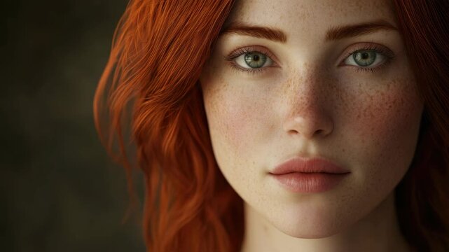A striking portrait of a woman with vibrant red hair and distinctive freckles on her face.