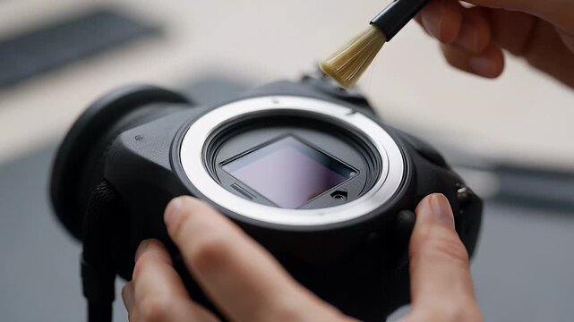 Closeup of camera sensor being cleaned with a small brush by hands