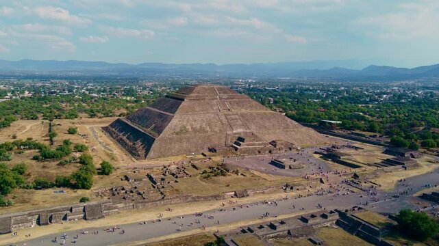 Aerial drone shot of Pyramid of the Sun and surrounding platforms at Teotihuacan archaeological zone