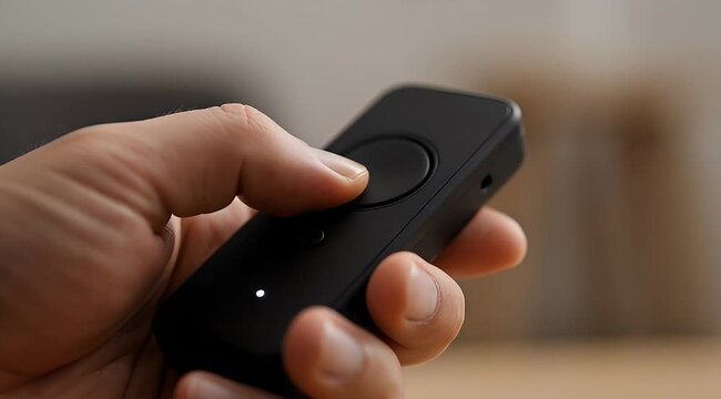 A hand holding and pressing the button on a sleek black remote control