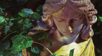Fototapeta premium Angel statue surrounded by green ivy and sunlight, symbolizing peace, harmony and spiritual protection in natural environment.