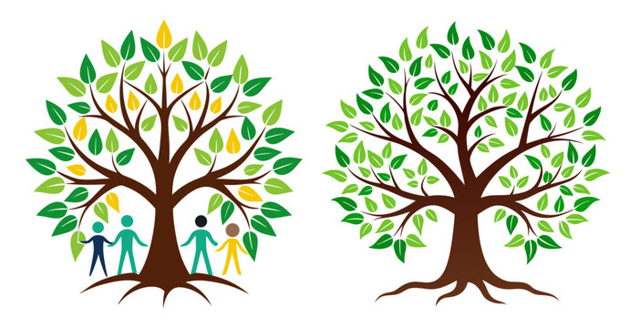 Stylized family tree with roots and figures representing generations