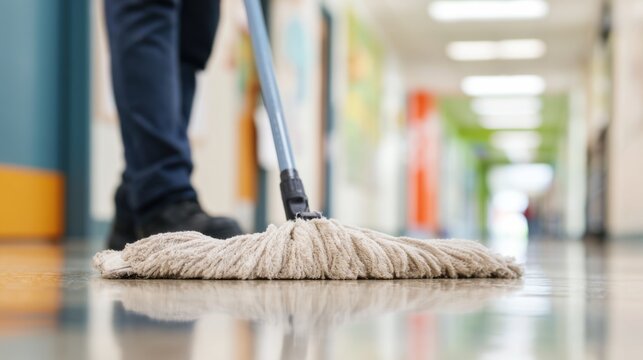 Janitor mopping shiny school hallway floor with a mop, showcasing polished tiles and colorful walls in a well-lit educational environment