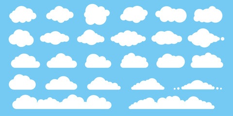 Fototapeta premium Flat cartoon white clouds set isolated on a blue background for nature sky designs.