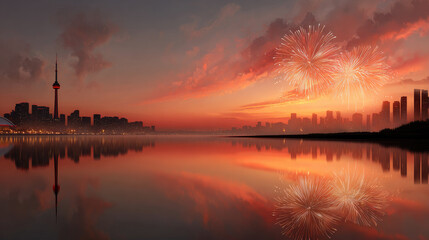 Fototapeta premium Canada Day Toronto skyline with CN Tower celebrating Canada Day, vibrant fireworks exploding over downtown city lights, reflecting in calm lake waters at sunset