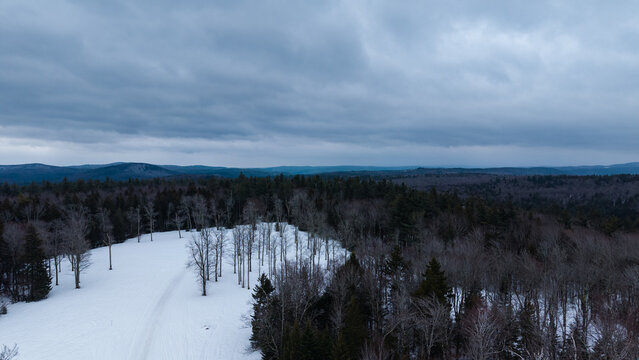 Winter aerial view featuring Hogback Mountain in Marlboro, Vermont