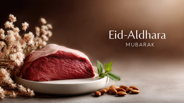 Eid al Adha Mubarak still life of raw red meat, walnuts, almonds, peppercorns, mint, milk and apple, symbolizing festive meals, charity and sharing during the holiday