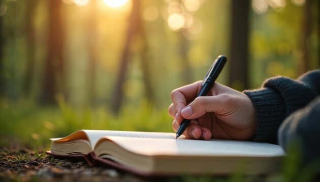Person writes in journal outdoors with sunlight through trees. Calm scene of pen in hand on notebook page. Nature setting for reflection and journaling.