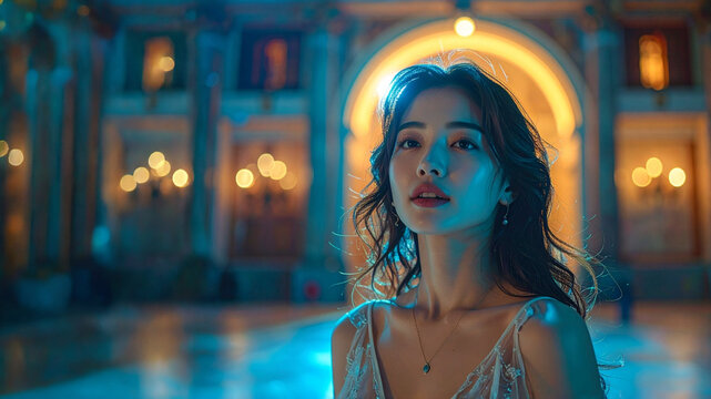 Asian woman in white dress in classical interior. Blue and amber lighting contrast. Content for fashion, technology, metaverse, and luxury branding. Cinematic asset. 4k resolution.