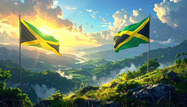 Two flags of a Caribbean island nation wave proudly against a backdrop of sunlit mountains and a lush, verdant valley