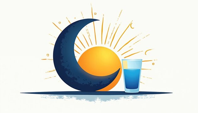 Sun and moon symbolize day and night cycle. Glass of blue water represents thirst and refreshment. Ramadan concept illustration shows abstinence and hydration.
