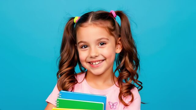 Little schoolgirl holding stack of colorful notebooks while smiling over blue studio background