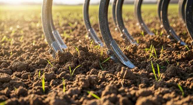 Field Cultivator Preparing Seedbed with Green Sprouts under Sunset Light for Agriculture Blogs, Farming Websites, Crop Preparation Content, and Educational Resources