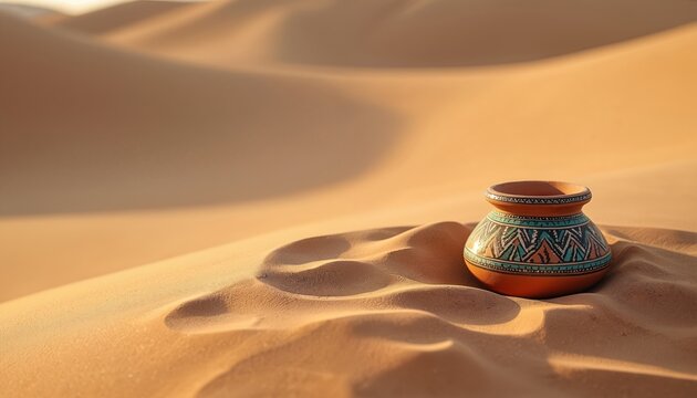 Ornate ceramic pot rests on undulating desert sand dunes. Its geometric patterns in turquoise and orange stand out against the vast arid landscape. The sun casts long shadows over the warm earth.
