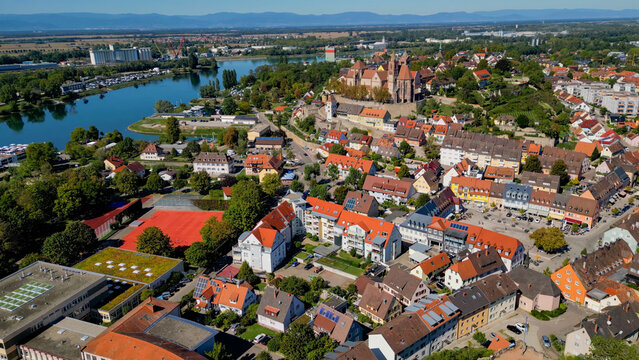 Aerial panoramic view of the city Breisach in Germany on a sunny spring noon.