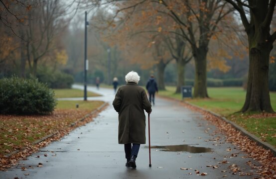 Elderly woman walks with cane in autumn park. She wears a coat and strolls on wet path among fallen leaves. People in background enjoy park.