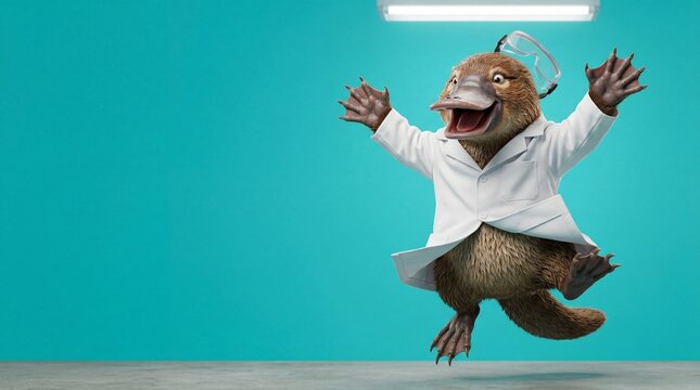 Funny Platypus Scientist Jumping for Joy in Laboratory 3D Illustration