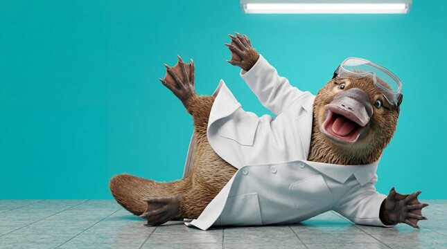 Funny Platypus Scientist Slipping and Falling in Laboratory 3D Illustration