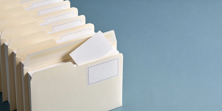 Organized onboarding file folders with one activated packet and blank insert card on soft blue background for document management, business workflow header and office administration