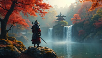 Fototapeta premium Japanese samurai warrior stands by waterfall cascade overlooking tranquil lake and pagoda. Red maple trees frame autumnal misty landscape. Warrior contemplates nature and tradition.