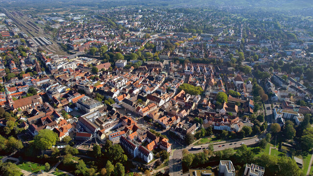 Aerial panoramic view of the city offenburg in Germany on a sunny spring noon.