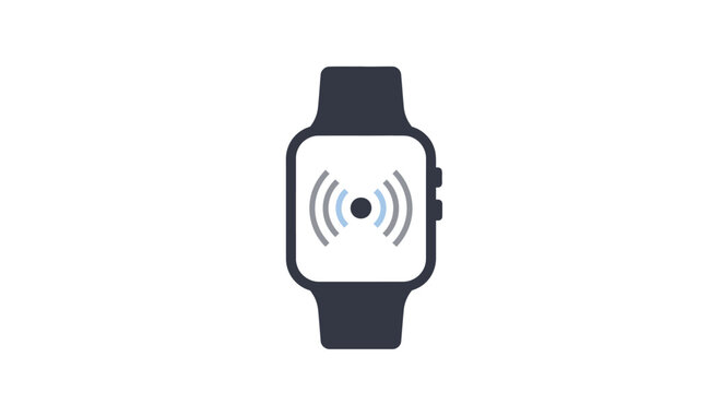 A minimalist illustration of a dark smartwatch displaying a wireless signal icon on its white screen, indicating connectivity or smart features.