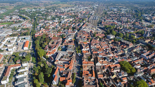 Aerial panoramic view of the city offenburg in Germany on a sunny spring noon.