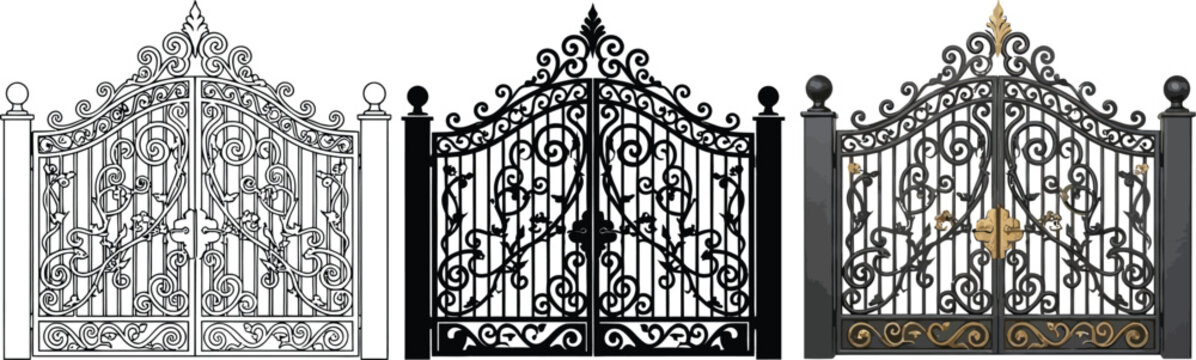 Set of ornate wrought iron gates featuring classic scrollwork and elegant designs perfect as architectural elements or decorative fences