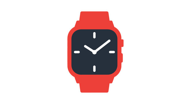 A minimalist flat design illustration of a red smartwatch with a dark grey face and white hands, set against a clean white background.
