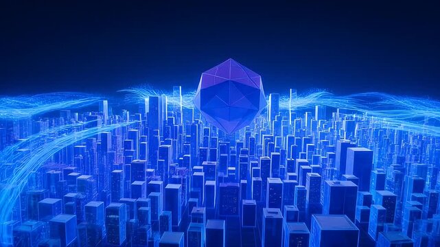 Futuristic abstract blue city with geometric polyhedron and digital flowing streams