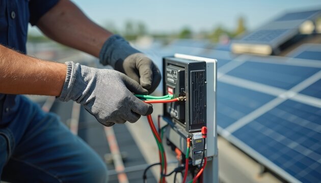Technician connects wires to solar panel system on rooftop. Hands in gloves attach cables to inverter device. Renewable energy installation outdoors. Green power generation.