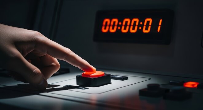 Close-up of a person's finger pressing a red button on a control panel with a digital timer displaying 000001